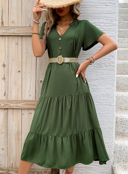 Medium and Long V-neck Green Dress