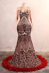 Burgundy Mermaid Sequins Feather Prom Dress