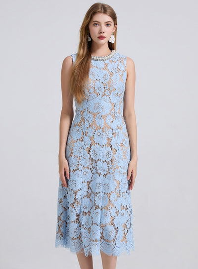 Heavy Industry Beaded Round Neck Lace Dress