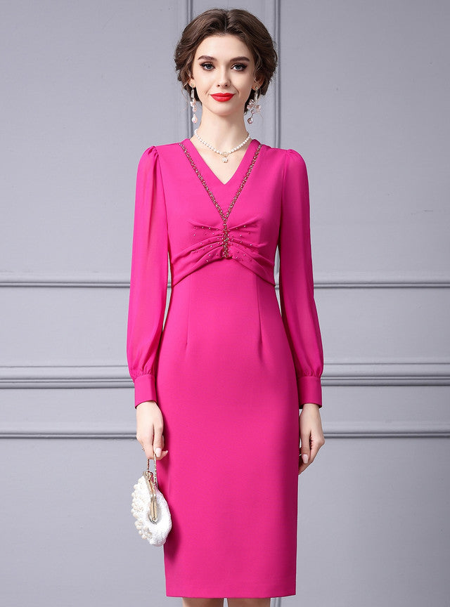 Fuchsia V-neck Long Sleeve Beading Mother Of The Bride Dress