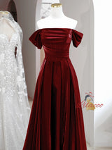 Burgundy Off the Shoulder Pleats Beading Prom Dress