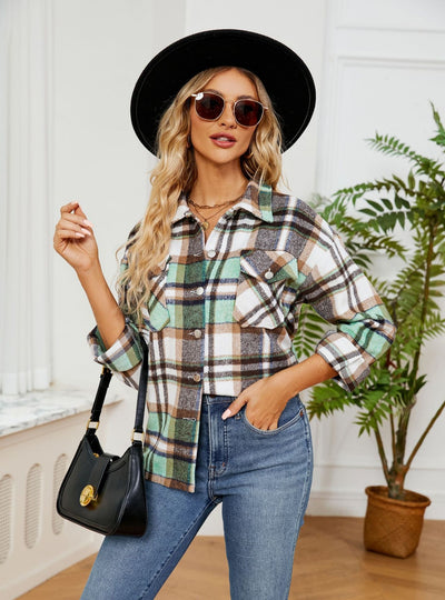 Button Lapel Loose Long Sleeve Plaid Woolen Coat