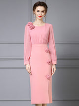 Pink Long Sleeve Flower Mother Of The Bride Dress