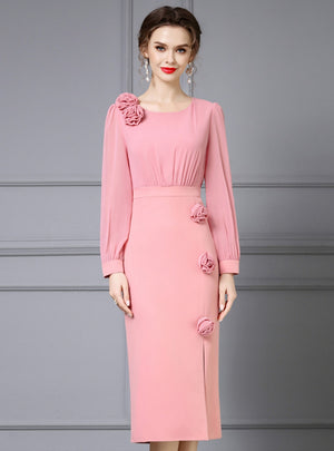 Pink Long Sleeve Flower Mother Of The Bride Dress
