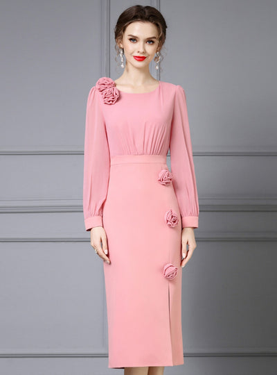 Pink Long Sleeve Flower Mother Of The Bride Dress