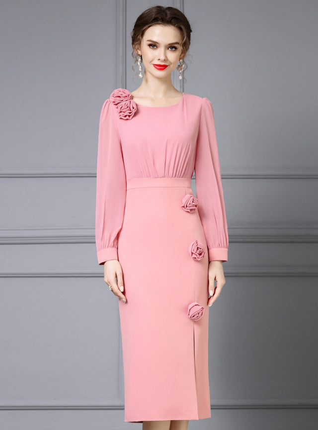 Pink Long Sleeve Flower Mother Of The Bride Dress