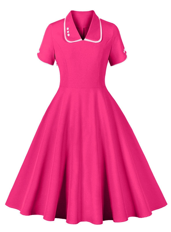 Short-sleeved V-neck Button Retro Dress
