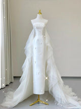 White Satin Tulle Strapless Beading Wedding Dress