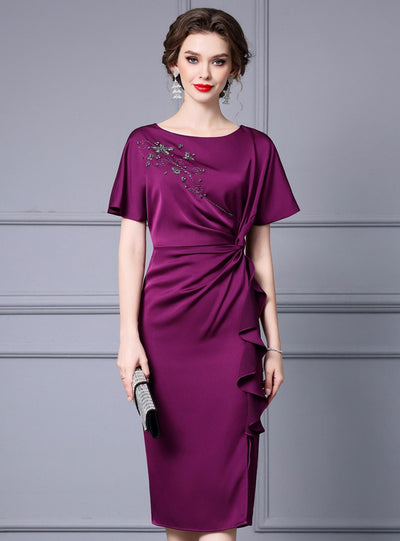 Purple Satin Short Sleeve Mother Of The Bride Dress