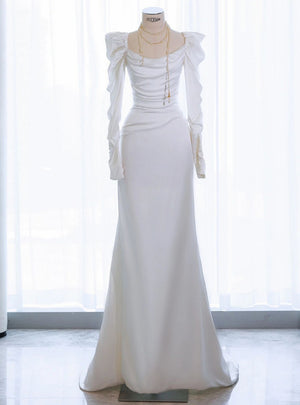 White Satin Long Sleeve Pleats Wedding Dress