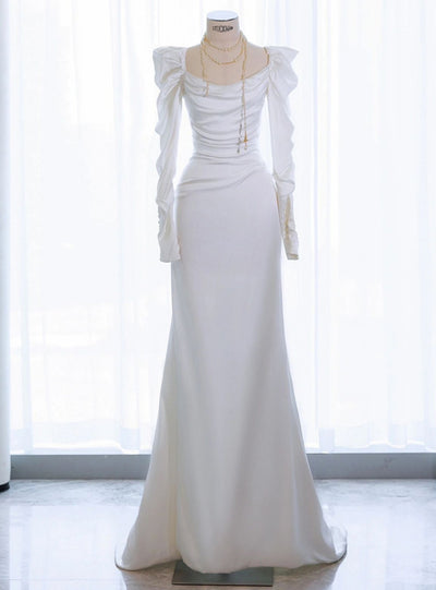 White Satin Long Sleeve Pleats Wedding Dress