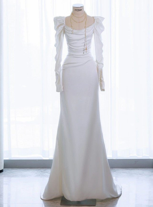 White Satin Long Sleeve Pleats Wedding Dress