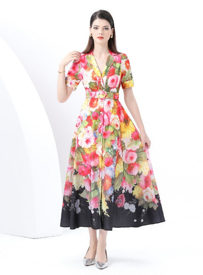 Suit Collar Short Sleeve Floral Print Dress
