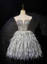 Gray Tulle Beading Feather Strapless Homecoming Dress