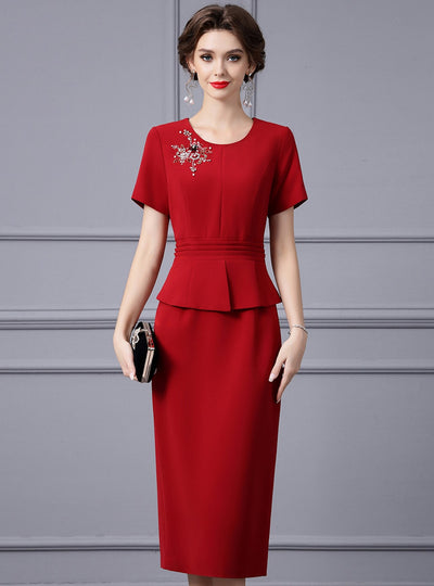 Red Short Sleeve Beading Mother Of The Bride Dress