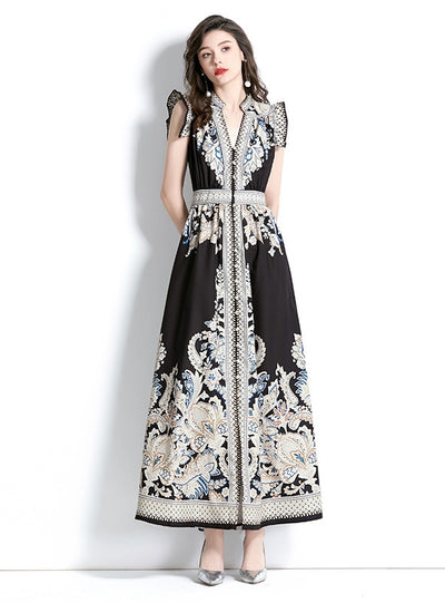 Retro Palace Style V-neck Printed Dress