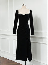 Black Long Sleeve Crystal Prom Dress