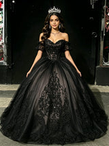 Black Tulle Off the Shoulder Appliques Quinceanera Dress