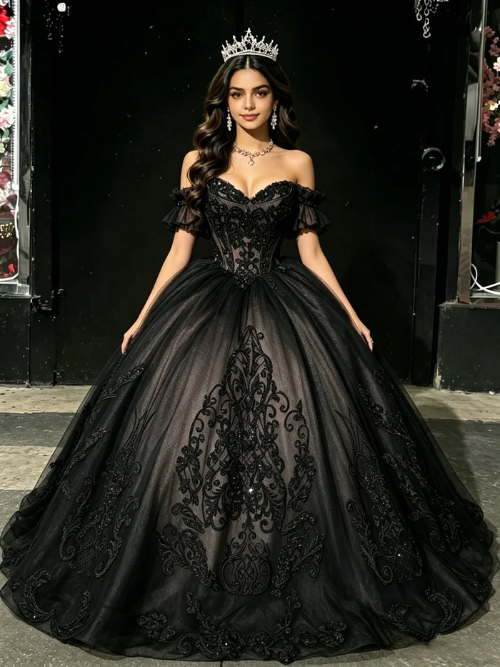 Black Tulle Off the Shoulder Appliques Quinceanera Dress