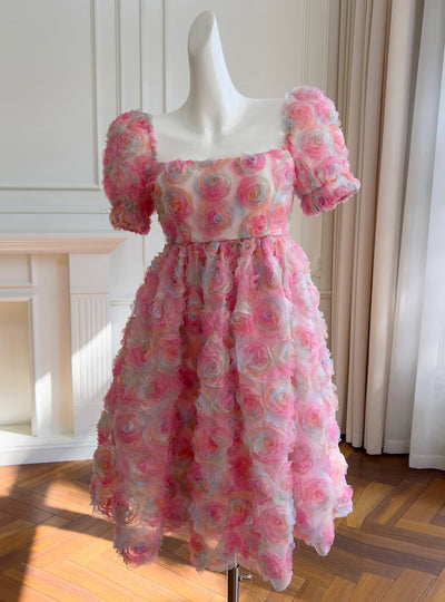 Three-dimensional Fower Bubble Sleeve Dress