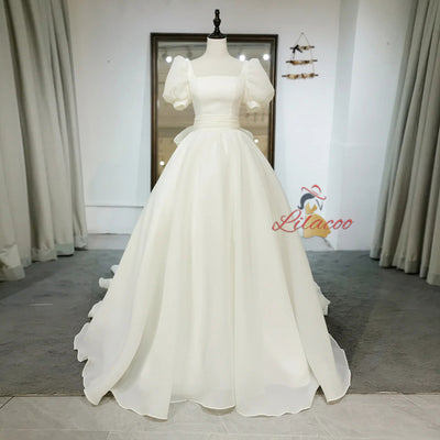 White Organza Short Sleeve Wedding Dress