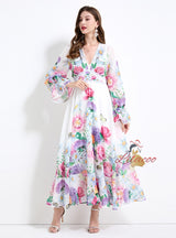 Deep V-neck Lace Stitching Slim Lotus Dress