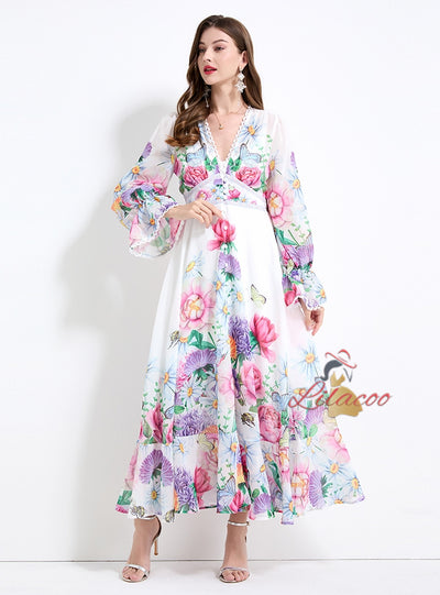 Deep V-neck Lace Stitching Slim Lotus Dress