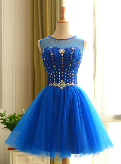 Blue Tulle Backless Beading Homecoming Dress