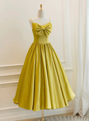 Yellow Satin Spaghetti Straps Bow Prom Dress