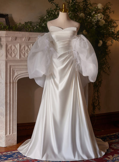 White Satin Pleats Strapless Wedding Dress