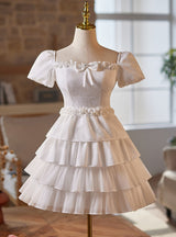 White Puff Sleeve Tiers Bow Homecoming Dress