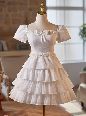 White Puff Sleeve Tiers Bow Homecoming Dress