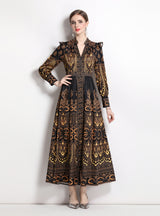 V-neck Puff Sleeve Print Retro Dress