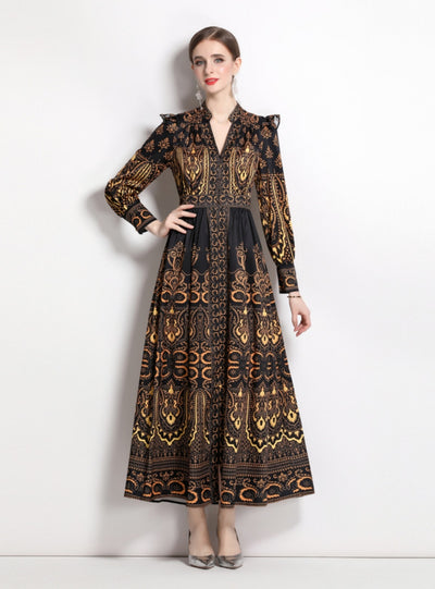 V-neck Puff Sleeve Print Retro Dress