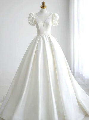 White Satin Puff Sleeve Backless Wedding Dress