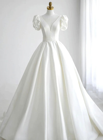 White Satin Puff Sleeve Backless Wedding Dress