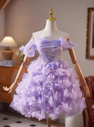 Purple Tulle Seuqins 3D Flower Homecoming Dress