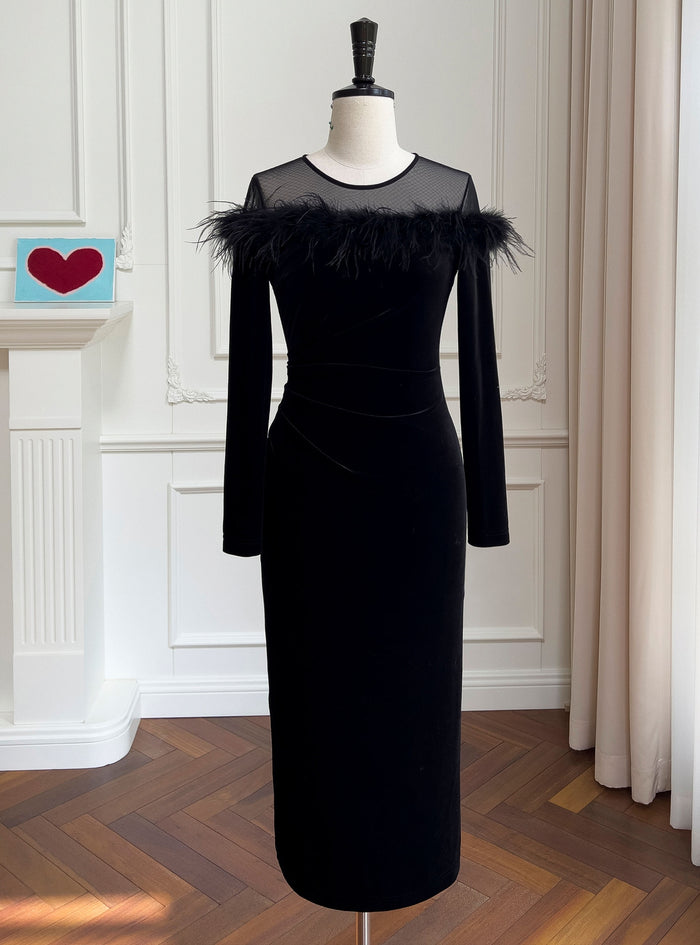 Black Velvet Mid-length Slim Dress