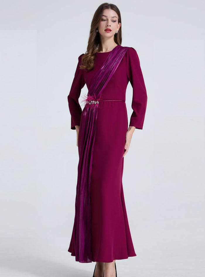 Long Sleeve Round Neck Beaded Dress