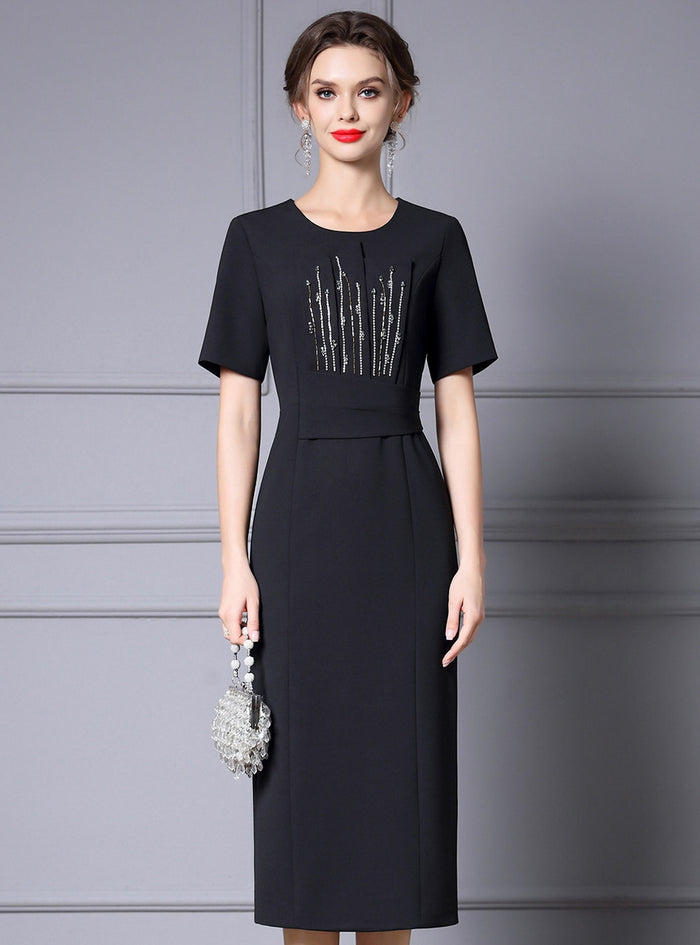 Black Short Sleeve Beading Mother of the Bride Dress