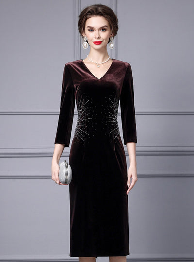 Burgundy Velvet Short Sleeve Mother Of The Bride Dress