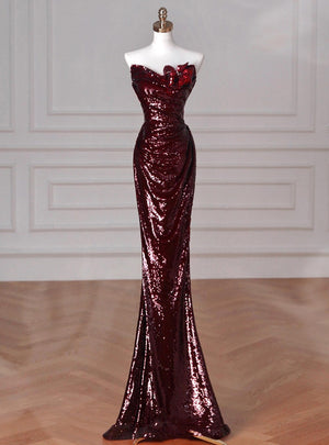 Burgundy Mermaid Pleats Strapless Prom Dress