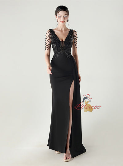 V-neck Appliques Split Beading Prom Dress