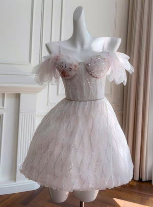 White Tulle Straps Beading Sequins Prom Dress