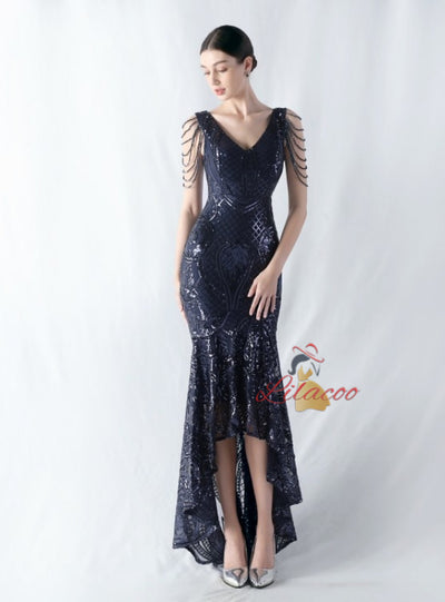 Hi Lo V-neck Sequins Beading Prom Dress