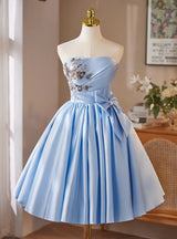 Blue Satin Strapless Bow Homecoming Dress