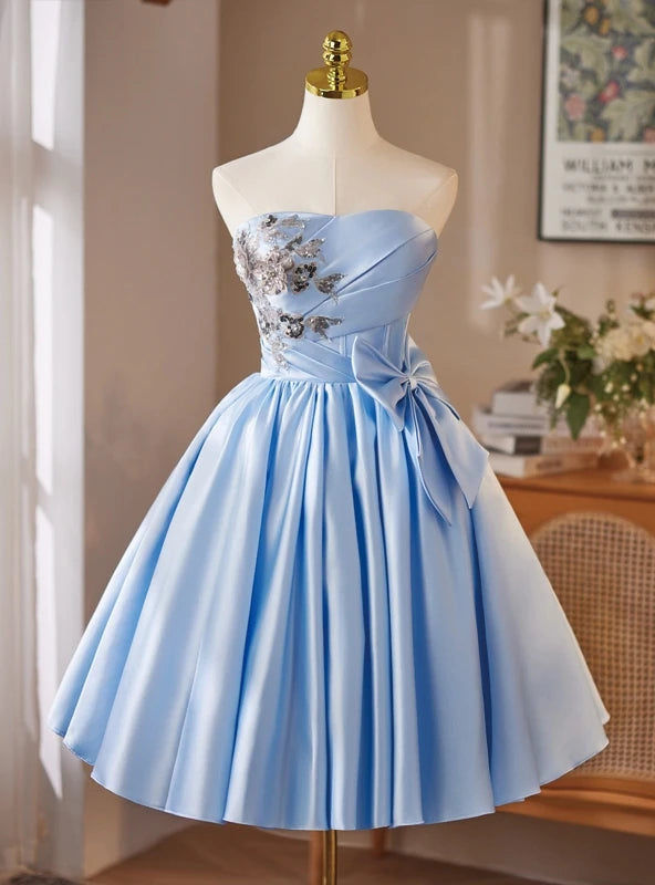 Blue Satin Strapless Bow Homecoming Dress