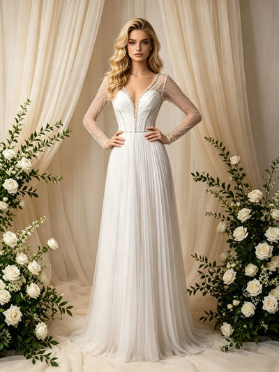 White Long Sleeve V-neck Pleats Beading Wedding Dress