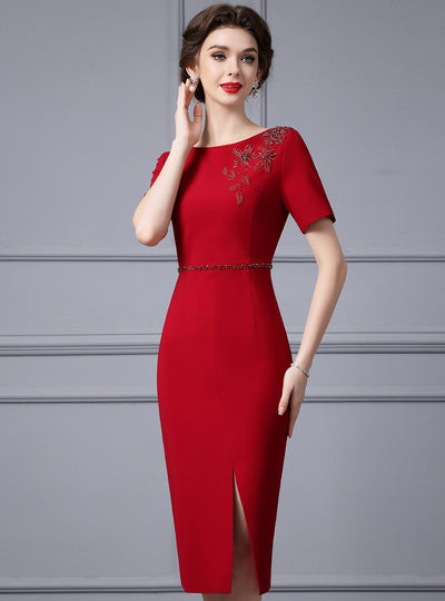 Short Sleeve Beading Split Mother Of the Brides Dress