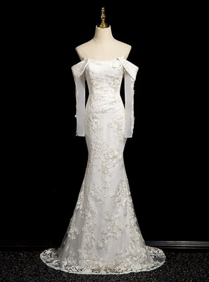 Sexy White Mermaid Lace Wedding Dress With Detachable Sleeve